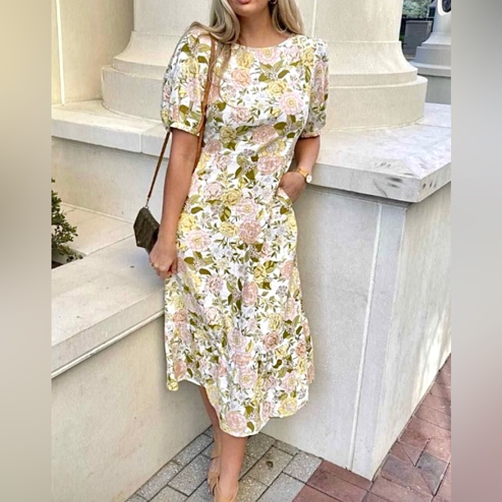 Last One Linen Floral Print Tie Back Midi Dress With Puff Sleeves & Side Pockets - Picture 2 of 11